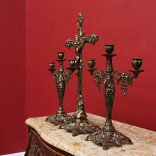 Load image into Gallery viewer, x SOLD Antique French Brass Church Altar Cross Crucifix Trio with Candle Stick Holders B10547