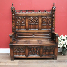 Load image into Gallery viewer, x SOLD Antique French Oak Gothic Hall Seat with Lift Lid Storage, Carved Knights B11200