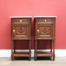 Load image into Gallery viewer, x SOLD Pair of Antique Bedside Cabinets, French Oak and Marble Lamp Tables B10574