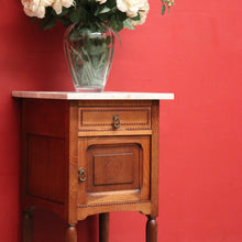 Load image into Gallery viewer, x SOLD Antique Bedside Table, French Oak and Marble Lamp Table with Tunbridge Ware B10451