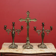 Load image into Gallery viewer, x SOLD Antique French Brass Church Altar Cross Crucifix Trio with Candle Stick Holders B10547