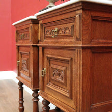Load image into Gallery viewer, x SOLD Antique French Bedside Tables, Oak and Marble Lamp Table, Lamp Bedside Cabinets B11130