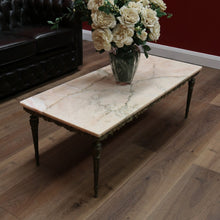 Load image into Gallery viewer, x SOLD Vintage Italian Gilt Brass and Marble Coffee Table with Floral Detail to the apron B11205