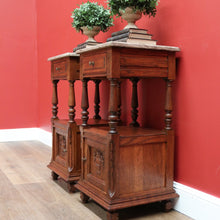 Load image into Gallery viewer, x SOLD Pair of French Bedside Tables, Antique Marble Top Oak Lamp Side Tables B10555