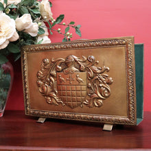 Load image into Gallery viewer, x SOLD Antique French Brass Ipad Magazine Holder, French Coat of Arms Kindling Basket. B10334