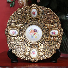 Load image into Gallery viewer, x SOLD Antique Italian Brass and Porcelain Display Plate with Cupids and Floral Detail. B11292