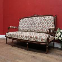 Load image into Gallery viewer, x SOLD Antique French Settee, Lounge or Sofa, Walnut and Gilt Frame Rust Amber Flowers B11186