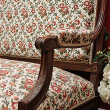 Load image into Gallery viewer, x SOLD Antique French Settee, Lounge or Sofa, Walnut and Gilt Frame Rust Amber Flowers B11186