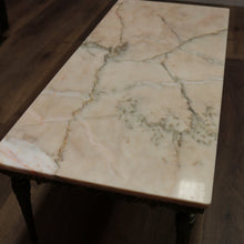 Load image into Gallery viewer, x SOLD Vintage Italian Gilt Brass and Marble Coffee Table with Floral Detail to the apron B11205