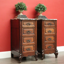 Load image into Gallery viewer, x SOLD Pair of Antique French Bedside Tables, 4 Drawer Cabinets, Lamp Tables Marble Oak. B10526
