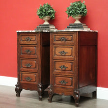 Load image into Gallery viewer, x SOLD Pair of Antique French Bedside Tables, 4 Drawer Cabinets, Lamp Tables Marble Oak. B10526