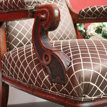 Load image into Gallery viewer, x SOLD Antique English Oak Grandfather Arm Chair Antique Oak and Fabric Scroll Armchair. B10437