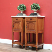 Load image into Gallery viewer, x SOLD Pair of Antique French Bedside Tables, Art Deco Oak, Marble Top Lamp Side Table B10963