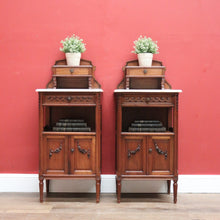 Load image into Gallery viewer, Pair Antique French Walnut and Marble Bedside Table Lamp Tables Hall Cupboards B10845