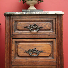 Load image into Gallery viewer, x SOLD Pair of Antique French Bedside Tables, 4 Drawer Cabinets, Lamp Tables Marble Oak. B10526