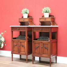 Load image into Gallery viewer, x SOLD Pair Antique French Walnut and Marble Bedside Table Lamp Tables Hall Cupboards B10845