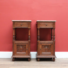 Load image into Gallery viewer, x SOLD Pair of French Bedside Tables, Antique Marble Top Oak Lamp Side Tables B10555