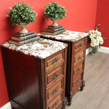 Load image into Gallery viewer, x SOLD Pair of Antique French Bedside Tables, 4 Drawer Cabinets, Lamp Tables Marble Oak. B10526
