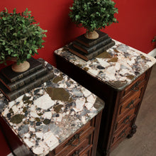 Load image into Gallery viewer, x SOLD Pair of Antique French Bedside Tables, 4 Drawer Cabinets, Lamp Tables Marble Oak. B10526