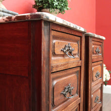 Load image into Gallery viewer, x SOLD Pair of Antique French Bedside Tables, 4 Drawer Cabinets, Lamp Tables Marble Oak. B10526