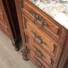 Load image into Gallery viewer, x SOLD Pair of Antique French Bedside Tables, 4 Drawer Cabinets, Lamp Tables Marble Oak. B10526