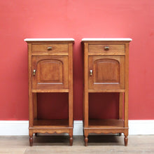 Load image into Gallery viewer, x SOLD Pair of Antique French Bedside Tables, Art Deco Oak, Marble Top Lamp Side Table B10963