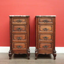 Load image into Gallery viewer, x SOLD Pair of Antique French Bedside Tables, 4 Drawer Cabinets, Lamp Tables Marble Oak. B10526