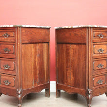 Load image into Gallery viewer, x SOLD Pair of Antique French Bedside Tables, 4 Drawer Cabinets, Lamp Tables Marble Oak. B10526