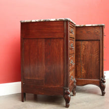 Load image into Gallery viewer, x SOLD Pair of Antique French Bedside Tables, 4 Drawer Cabinets, Lamp Tables Marble Oak. B10526