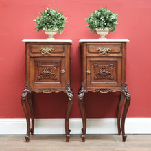Load image into Gallery viewer, x SOLD Pair of Antique French Oak and Marble Top, Bedside Cabinet Bedsides Lamp Tables B11214