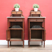 Load image into Gallery viewer, x SOLD Pair Antique French Walnut and Marble Bedside Table Lamp Tables Hall Cupboards B10845