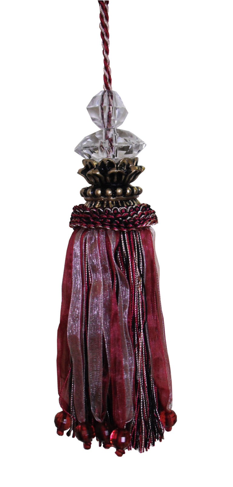 Large Tassel with Gold Top and Faceted Beads - Burgundy and Gold - Decorative Tassel for Antique Key or Door BBGT01