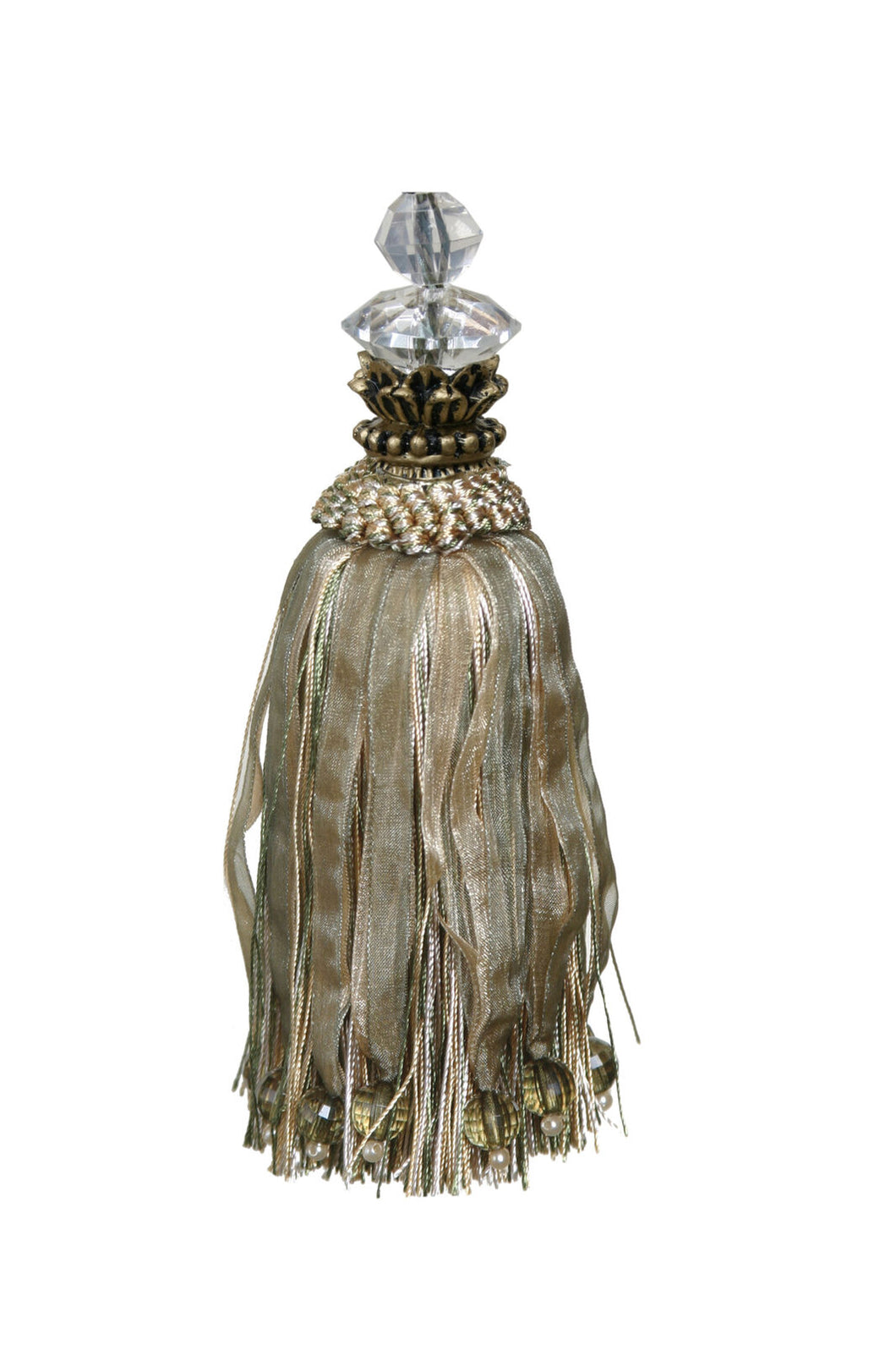 Large Tassel with Glass Bead in Tulip Top - Light Green / Gold - Decorative Tassel for Antique Key or Door BGGT01