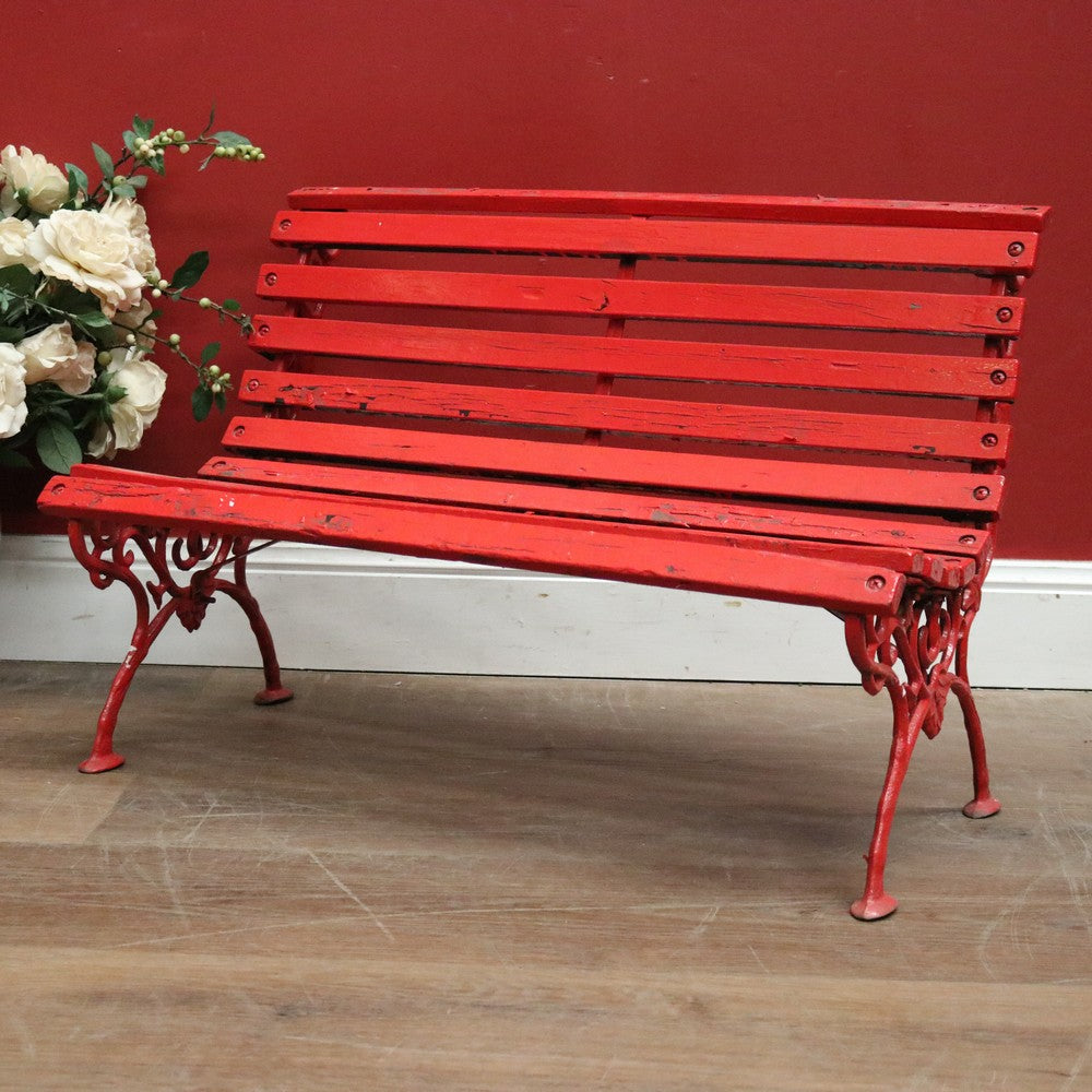 x SOLD Antique Victorian Child's Cast Iron and Timber Garden Seat, Hand-painted Red. B11544