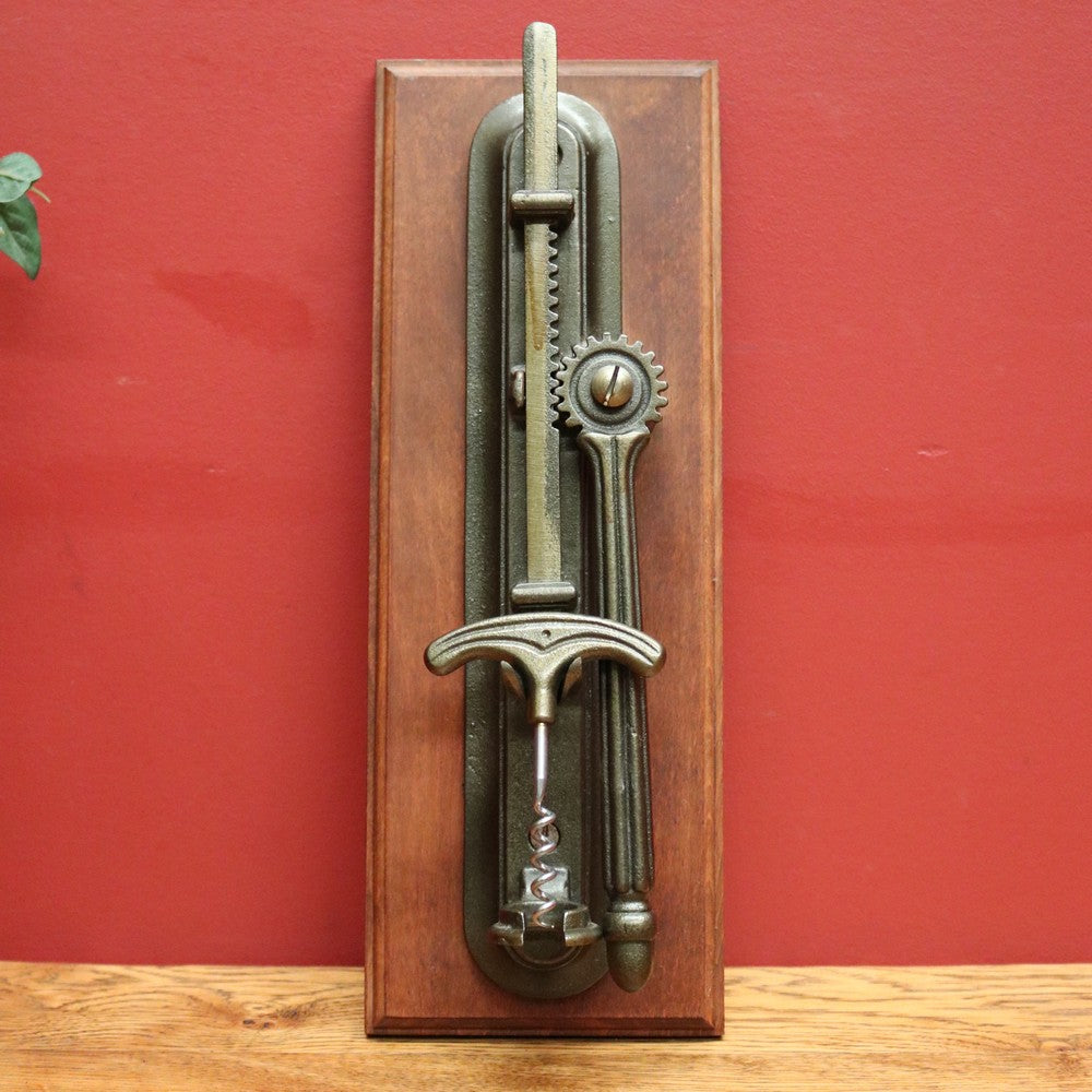 Vintage French Wine Bottle Corkscrew, and Mounting Plate, Brass and Timber Mount Corkscrew. B11693