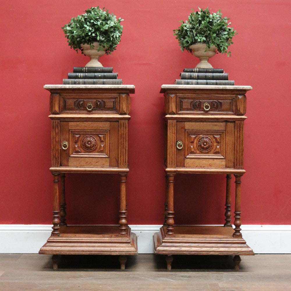 x SOLD Antique French Oak and Marble Bedside Cabinets or Lamp Cupboard, Side Tables. B11923