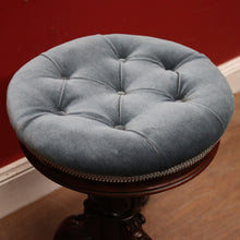 Load image into Gallery viewer, SOLD Antique Australian Cedar Piano Stool, Button Seated Blue Velvet Swivel Stool. B11770
