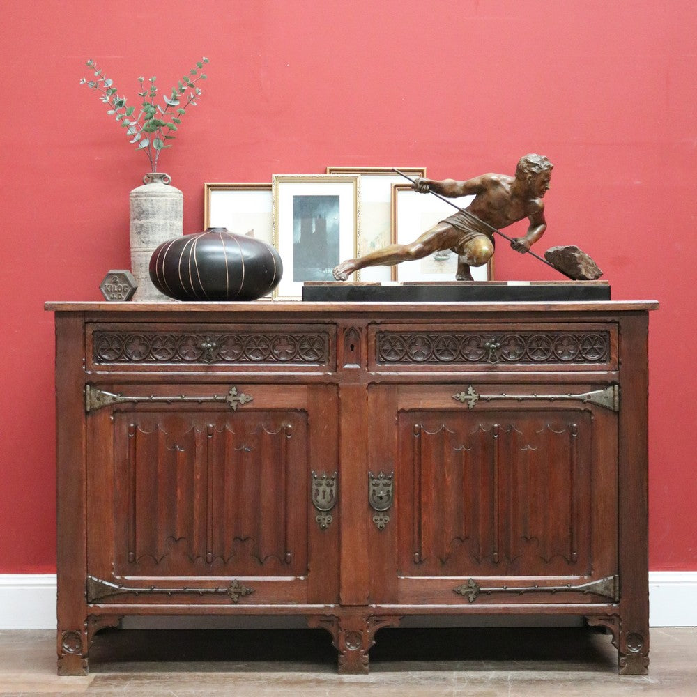 x SOLD Antique French Oak 2 Door 2 drawer Sideboard or Hall Cabinet Buffet, Linen Fold Carvings B11702