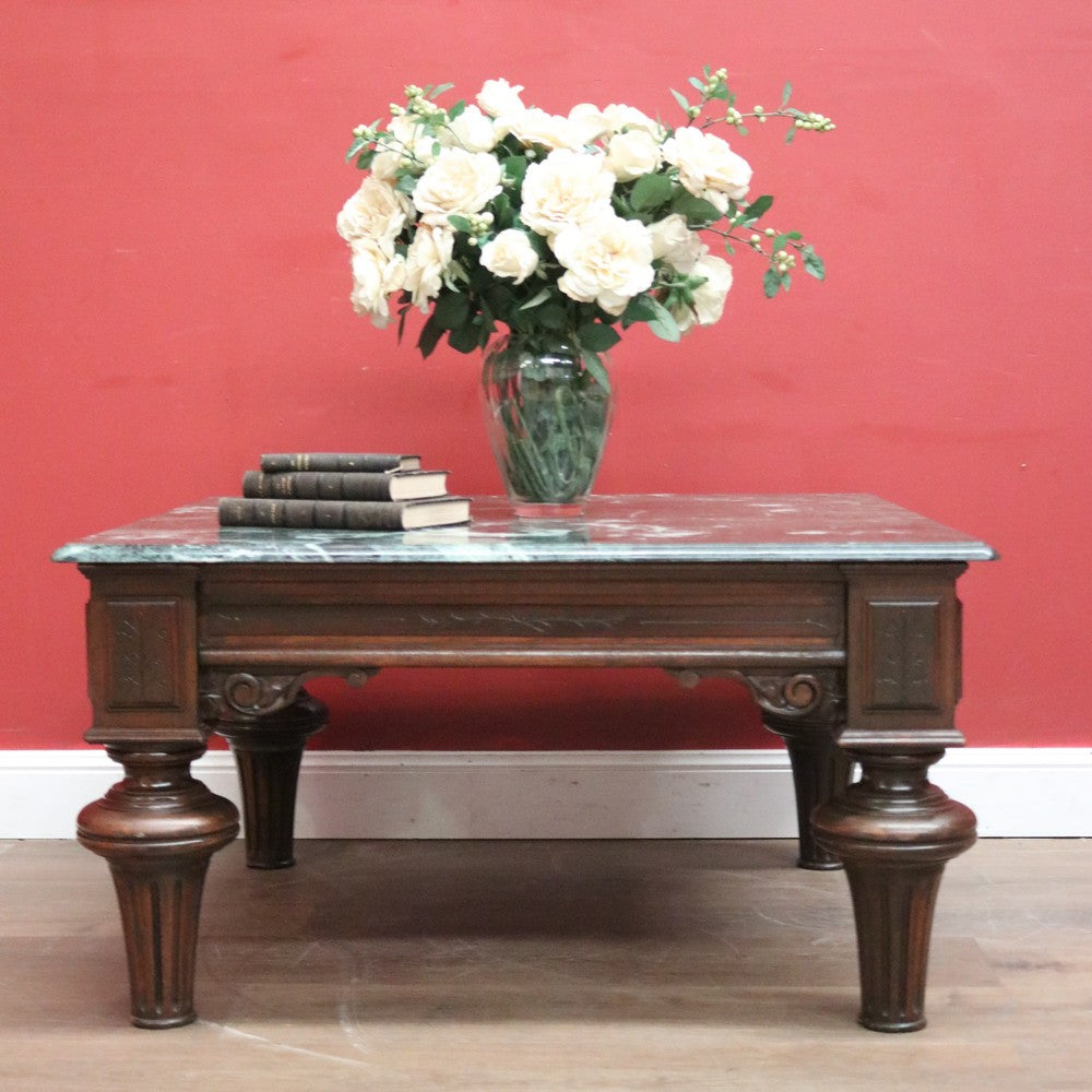 x SOLD Antique French Coffee Table, Oak and Green Mable Top Lamp Table or Coffee Table. B11823
