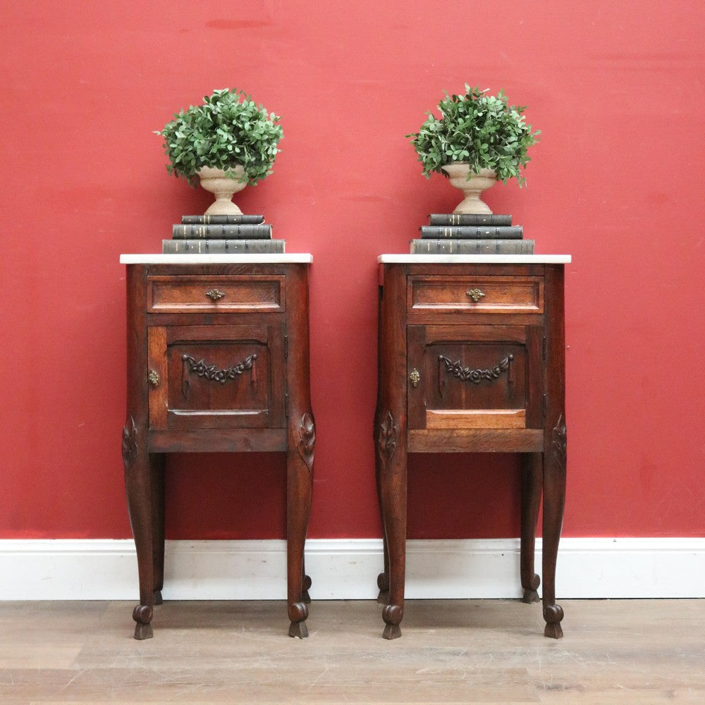 Pair of Antique French Oak and Marble Bedside Cabinet or Lamp or Side Tables. B11944