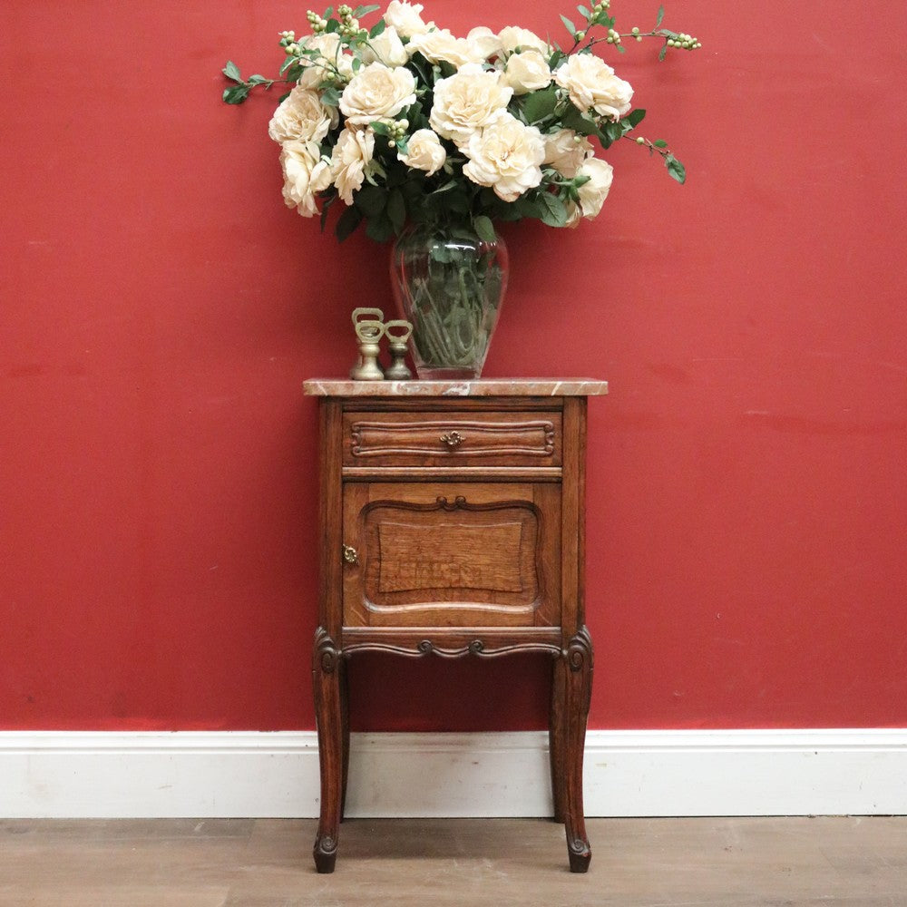 Antique French Hall Cabinet, Lamp Table or Bedside Cabinet, Oak and Marble c1880. B11968