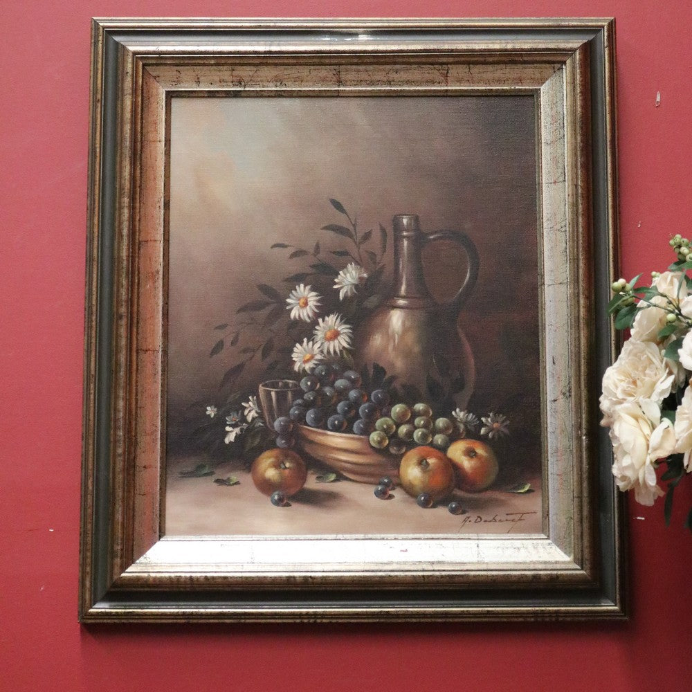 Oil on Canvas, Signed Bottom Right Still Life in Gilt-Coloured Frame, Floral Fruit Painting. B11850