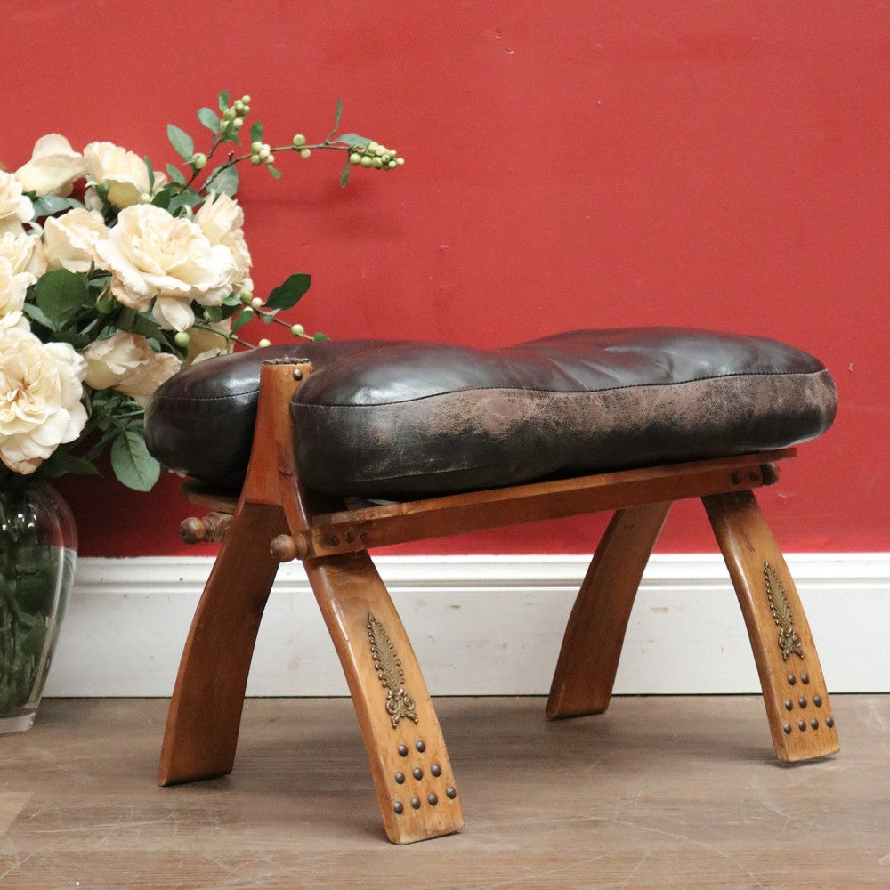 x SOLD Vintage Genuine Cowhide Camel Saddle Seat or Stool, Gilt Brass Mounts, Ottoman or Footstool