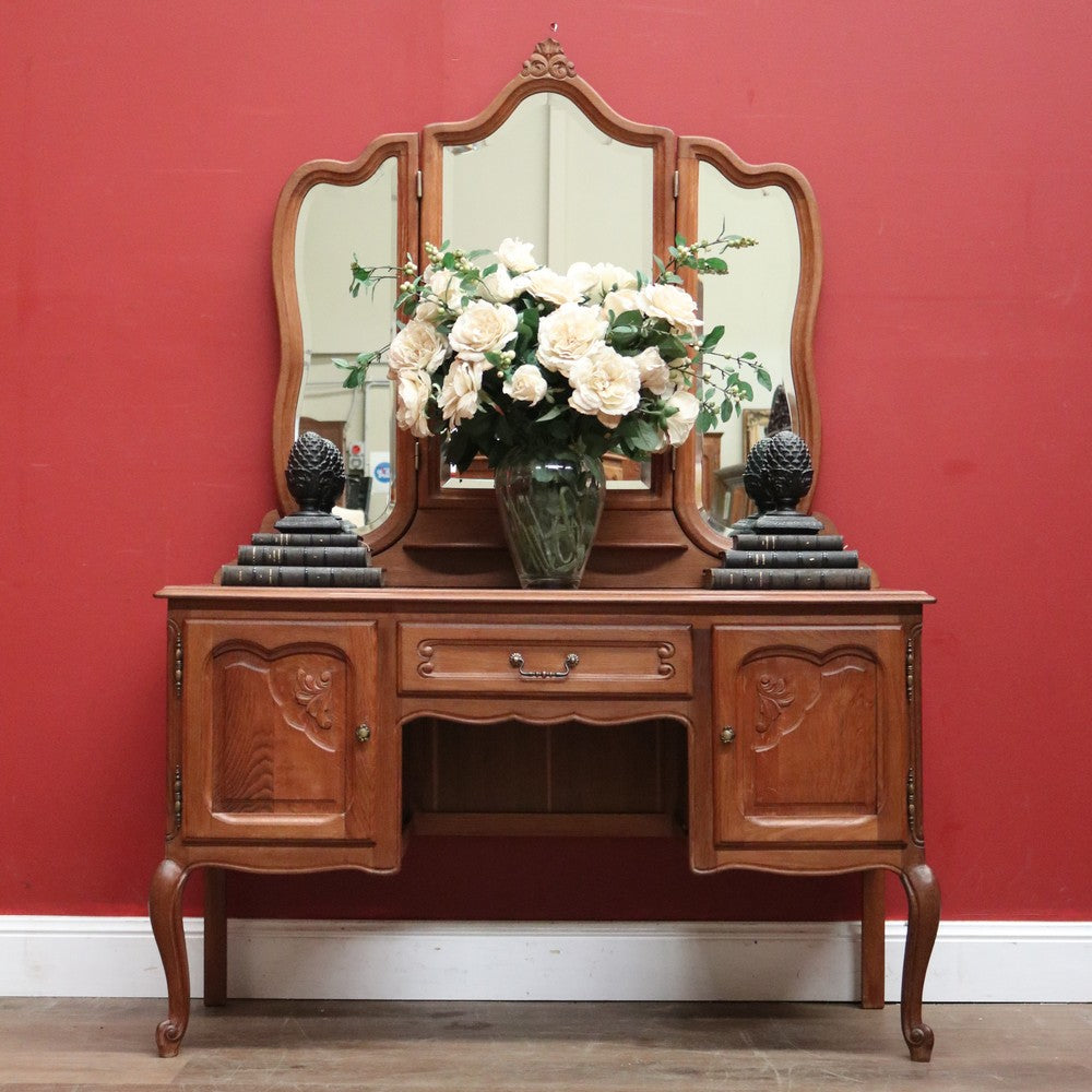 x SOLD Antique French Oak and Tri-fold Bevelled Mirror Dressing Table or Ladies' Desk B11552