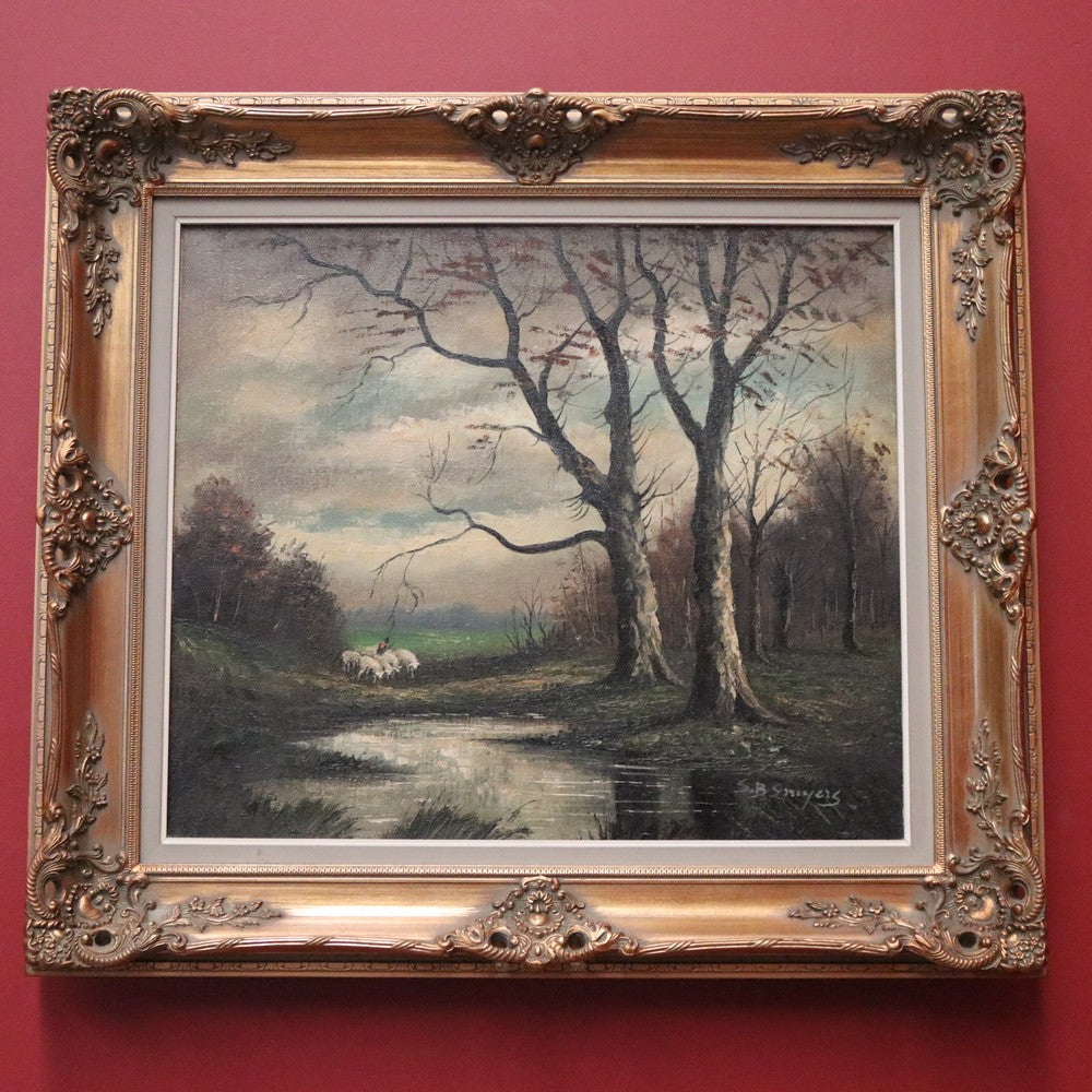 Framed Oil on Canvas, Antique French Oil Painting in a Gilt Timber and Gesso Frame, Landscape, Still-life. B11687