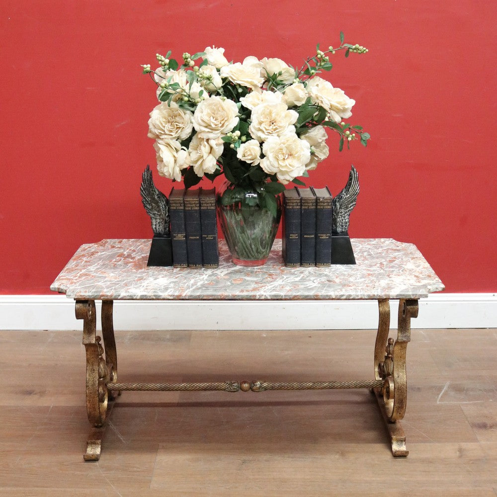 Antique French Marble Top, Gilt Cast Iron Base Coffee Table, Side or Lamp Table. B12054