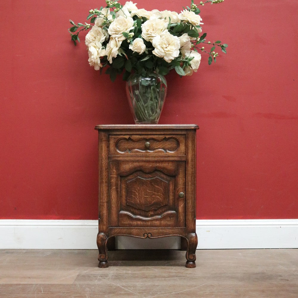 x SOLD Vintage French Oak Bedside Cabinet or Lamp or side Table, Drawer and Cupboard Storage. B11578