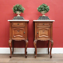Load image into Gallery viewer, x SOLD Pair of Antique French Bedside Cabinets with Marble Tops, Cupboard and Drawer Storage. B11938
