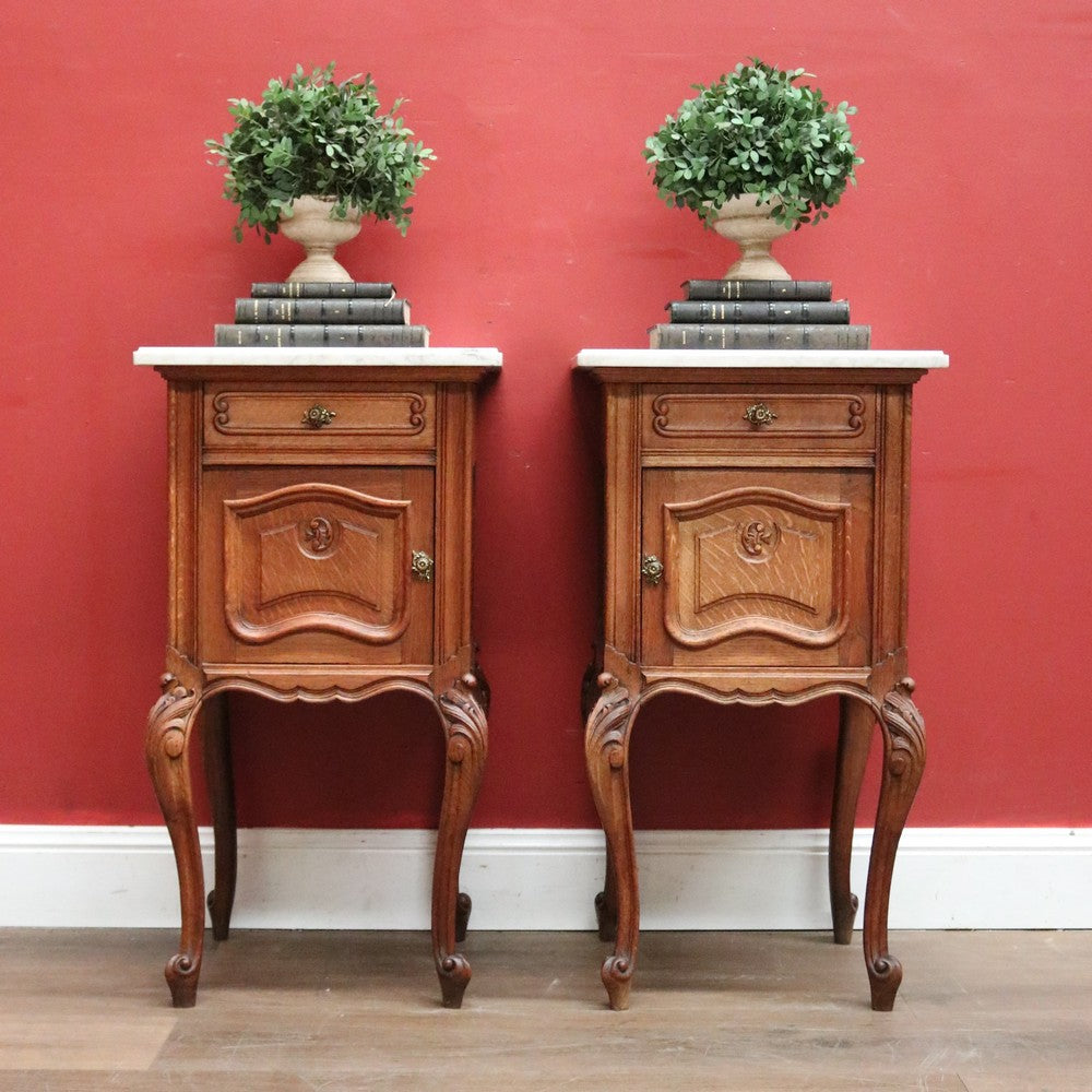 x SOLD Pair of Antique French Bedside Cabinets with Marble Tops, Cupboard and Drawer Storage. B11938