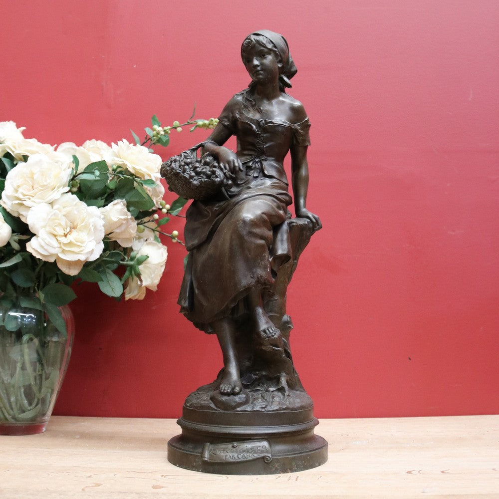 x SOLD Antique French Spelter of a Maiden holding a Basket, Louis Emile Cana 1845-1895.  B11633